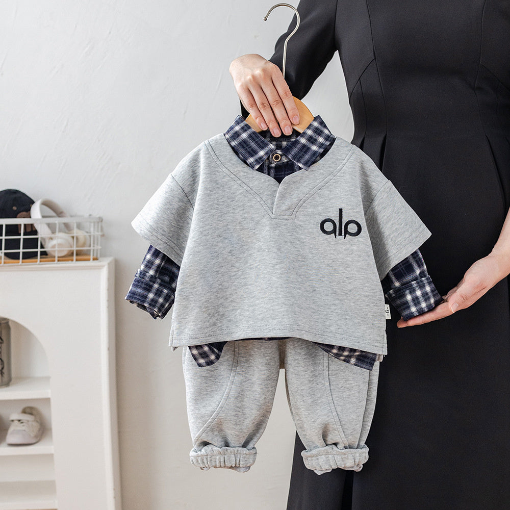 Boys' Autumn 2026 New Style Baby Boy Spring Outfit Stylish Plaid Shirt Long Sleeve Three-Piece Set for Infants and Children