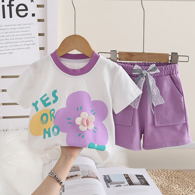 Girls' Short-Sleeve Outfit 2026 New Style Children's Summer Floral Round-Neck Stylish Two-Piece Set Baby Clothes Trendy