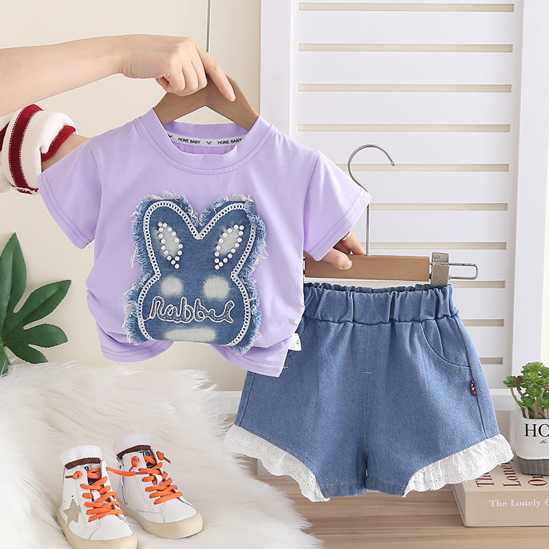 Girls' Rabbit Appliqué Outfit 2026 New Fashionable Summer Infant Clothing for One-Year-Old Baby Girls