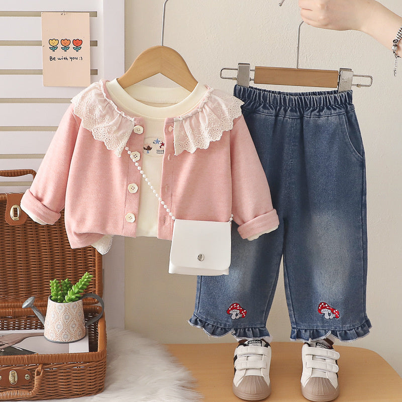 2026 Spring New Korean Style Outfit Girls, Autumn Fashion Three-Piece Set with Ruffle Collar and Mushroom Design for Toddlers
