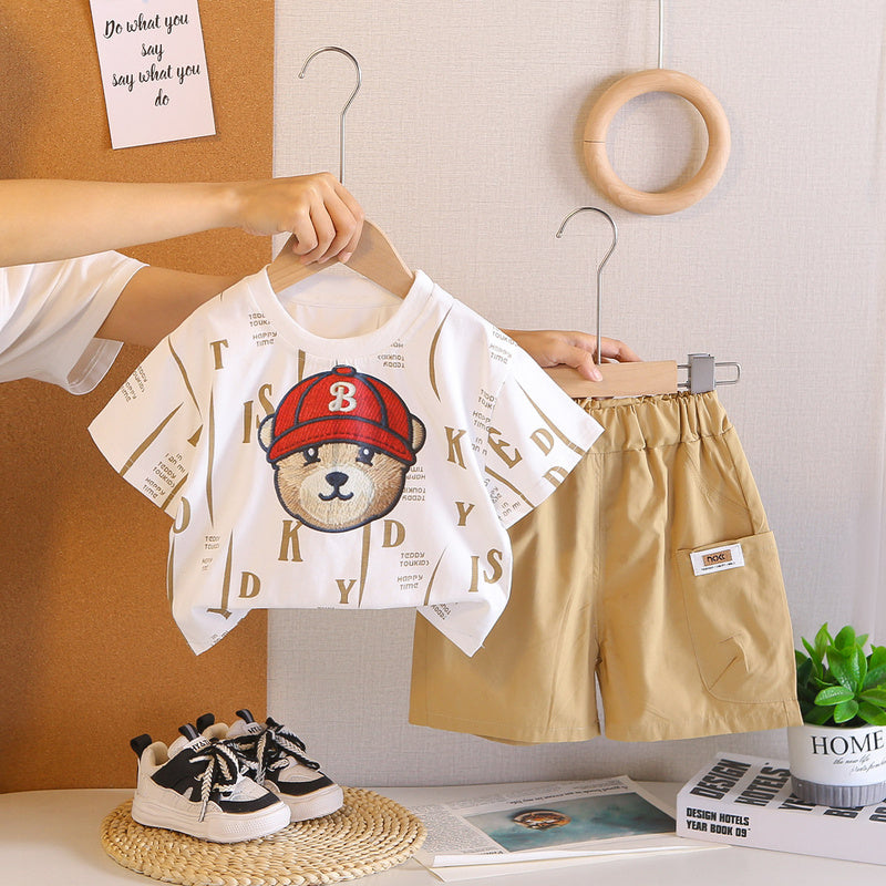 Boys' Outfit 2026 New Style Children's Casual Clothes Summer Wear Red Hat Bear Short Sleeve Two-Piece Set Trendy
