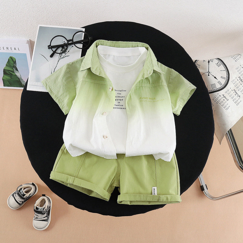Boys Outfit 2026 New Gradient Color Short Sleeve Korean Style Baby Summer Thin Three-Piece Set Trendy