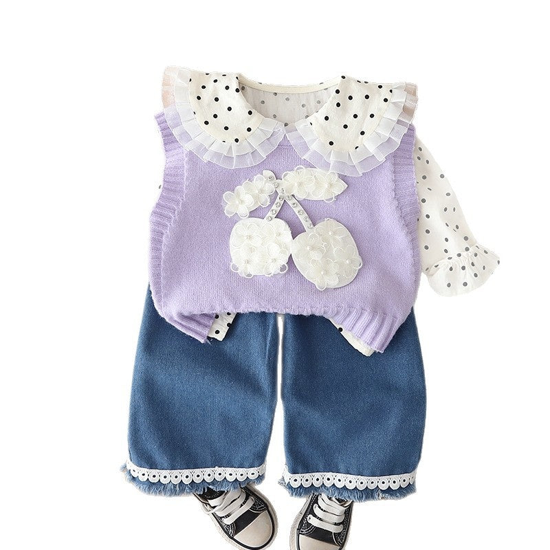 Girls' Outfit 2026 New Fashionable Children's Big Cherry Sweater Three-Piece Set Baby Spring and Autumn Clothes