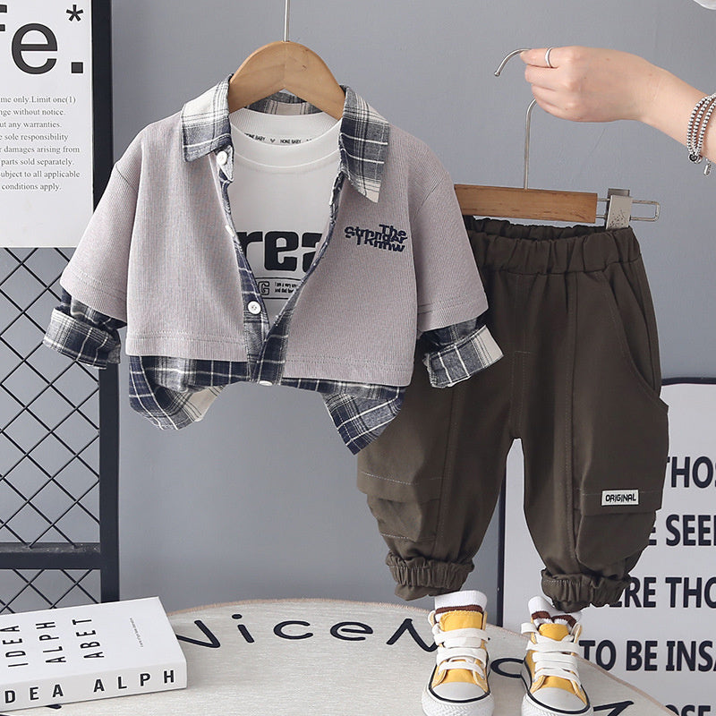 Children's Clothing Boys' Spring Outfit 2026 New Fashionable Baby Plaid Color-Block Three-Piece Set Korean Style Clothes for Infants and Children