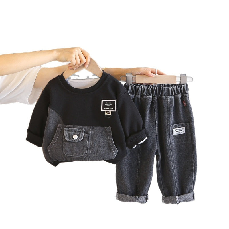Stylish autumn outfit baby boys, two-piece denim sweatshirt set for boys in spring and autumn, trendy children's clothing