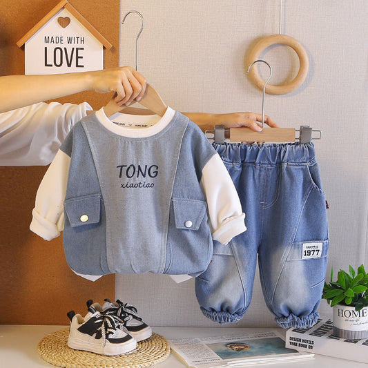 Boys' Spring and 2026 New Outfit: Children's Korean-style Pocket Color-block Denim Sweatshirt, Baby's Autumn Two-piece Trendy Set