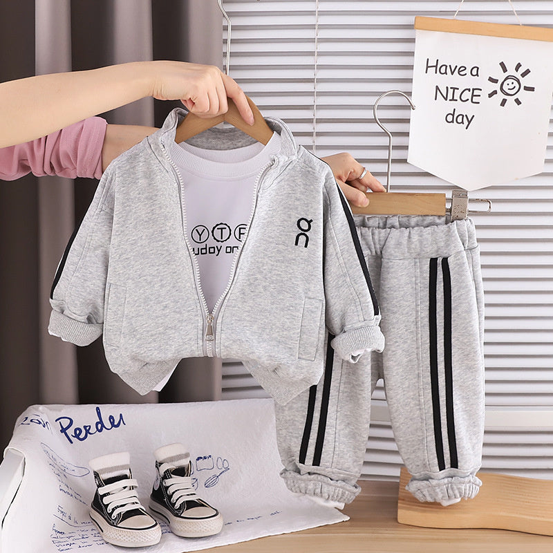 Boys' Summer Spring Outfit New 2026 Baby Clothing Stylish Solid Color Zipper Jacket Three-Piece Set Trendy Wholesale