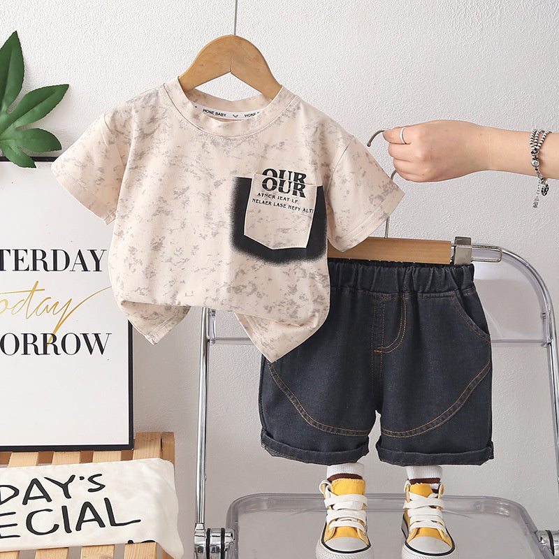 Boys' clothing, children's short-sleeve new style boys, summer letter-print two-piece set, stylish and trendy for ages 1-4