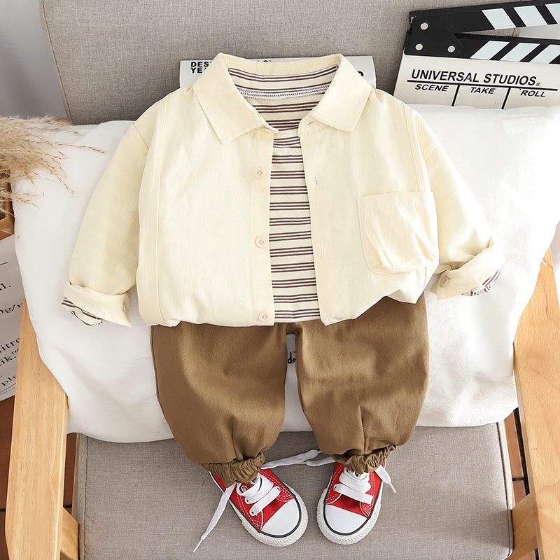 Boys' Outfit 2024 New Korean Style Children's Spring and Autumn Clothes Baby Solid Color Shirt Three-Piece Set Trendy