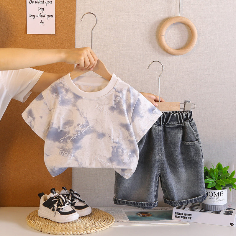 Boys' Short-Sleeve 2026 New Summer Outfit Baby Korean Version Full-Print English Foam Thin Two-Piece Trendy Set