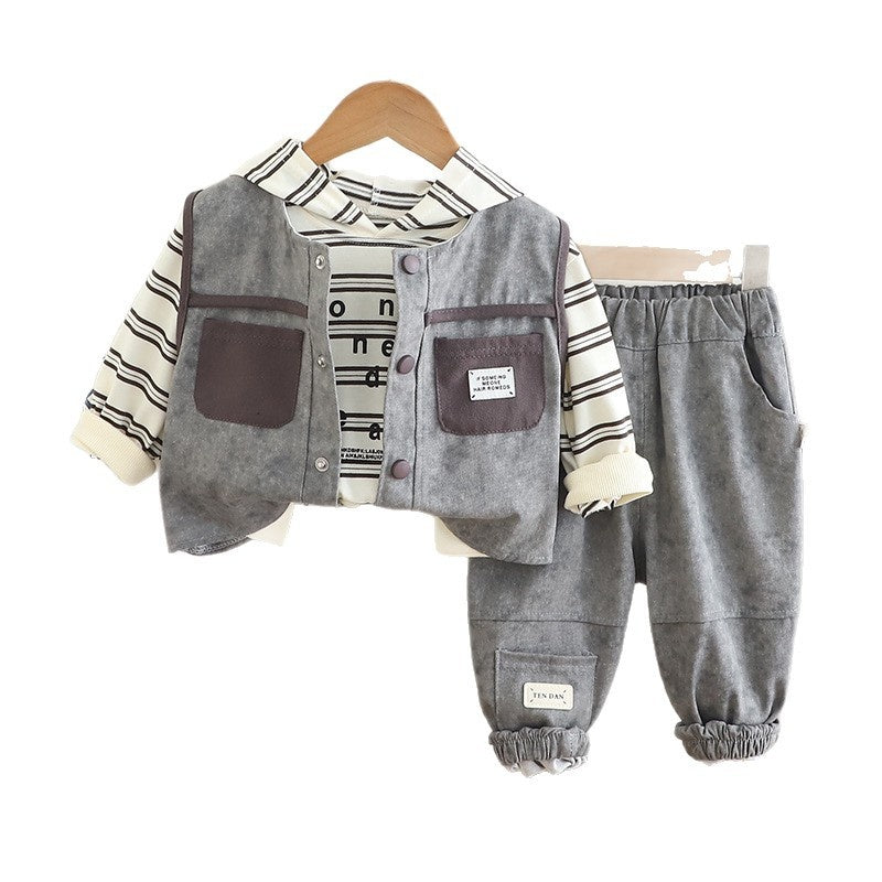 Fashion 2025 New Boys' Stylish Autumn Long Sleeve Pocket Vest Three-Piece Set Trendy Casual Clothing