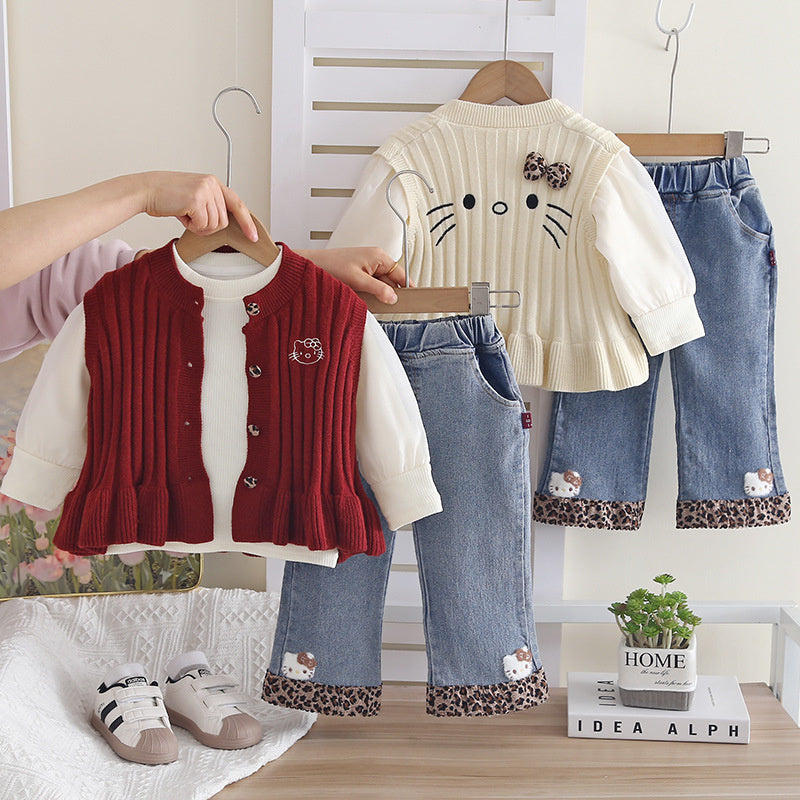 Girls' Cartoon Kitten Sweater Three-Piece Set, Stylish Fashionable Spring Autumn Clothes for Girls and Babies