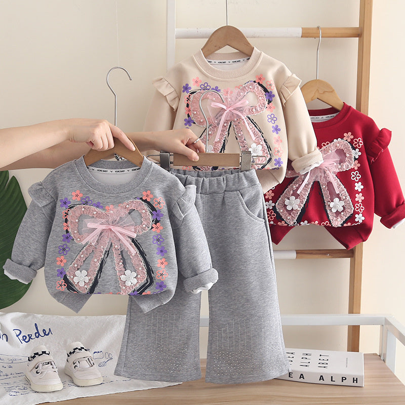 Girls' Outfit 2026 New Fashionable Baby Girl Clothes with Big Bow, Spring and Autumn Sweatshirt Two-Piece Set Trendy