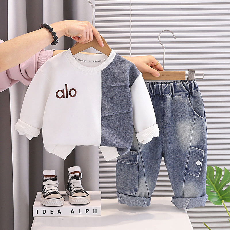 Boys' Outfit 2026 New Collection Letter Patchwork Two-Piece Set Infants Toddlers, Boys Aged 1-3 Years, Trendy for Spring and Autumn
