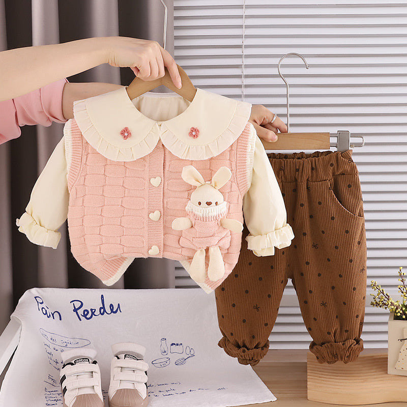 Baby girl spring outfit set, stylish children's clothing for toddlers, 1-3 years old, trendy pocket bunny sweater three-piece set