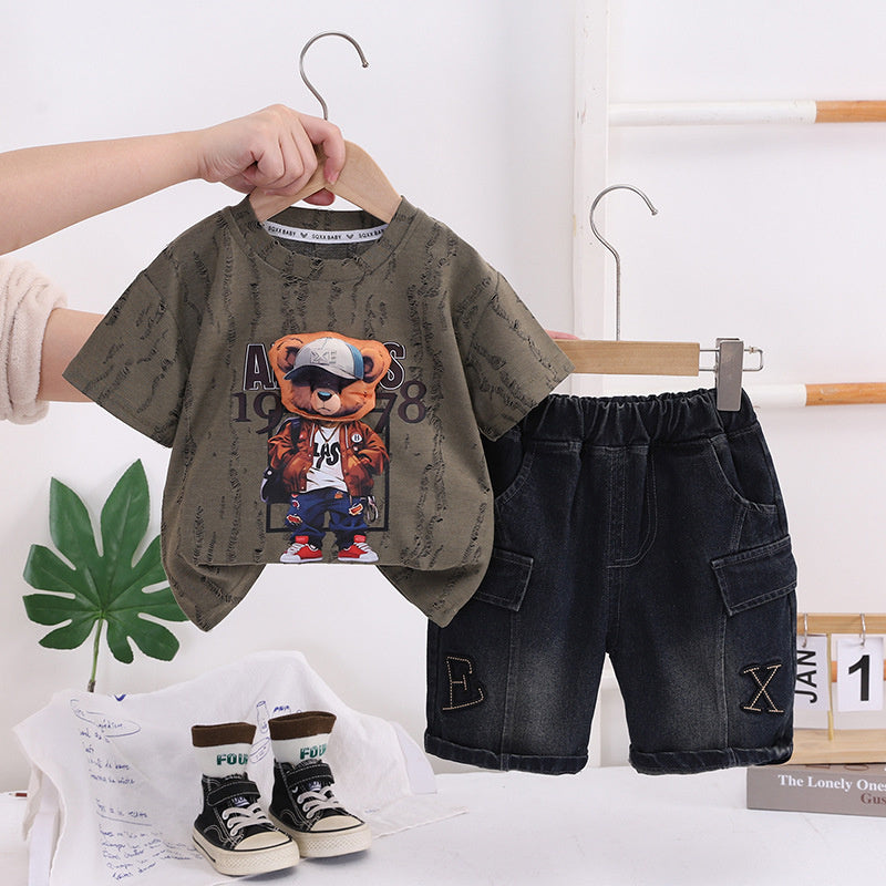 Boys' Summer Short-Sleeve Outfit 2026 New Fashionable Children's Stylish Baby Round-Neck Three-Dimensional Bear Head Two-Piece Set Trendy