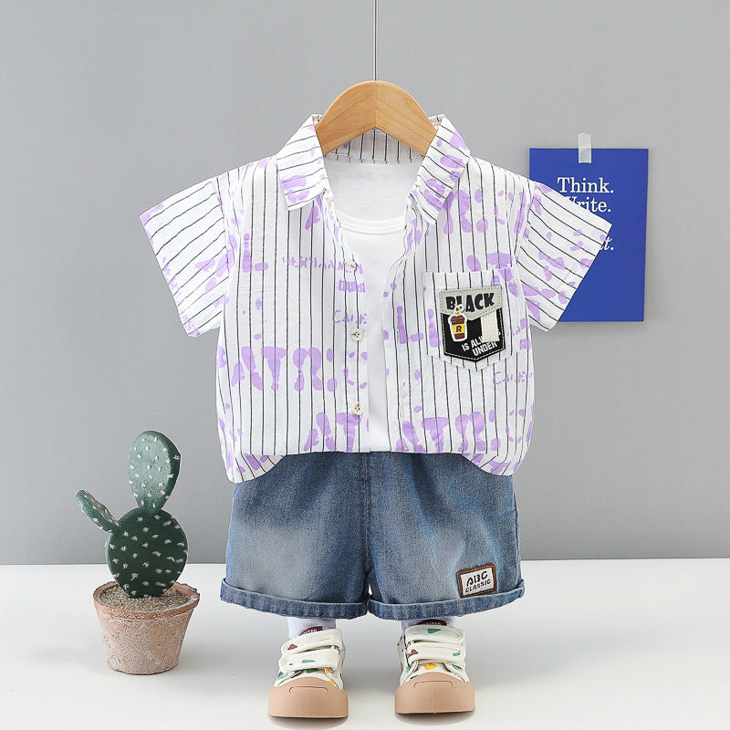 Boys' Outfit 2026 Stylish Thin Short-Sleeve Summer Suit for Boys, Children's Vertical Stripe Letter Shirt Three-Piece Set