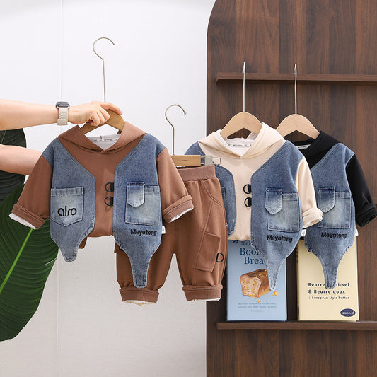 Children's clothing for spring and autumn, boys' denim fake vest two-piece toddler hooded sweatshirt top set, baby clothes