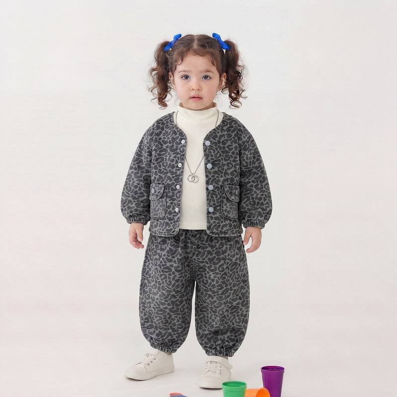 Girls' Outfit 2026 Children's Leopard Print Denim Three-Piece Set Baby Korean Style Spring and Autumn Fashion New Wholesale