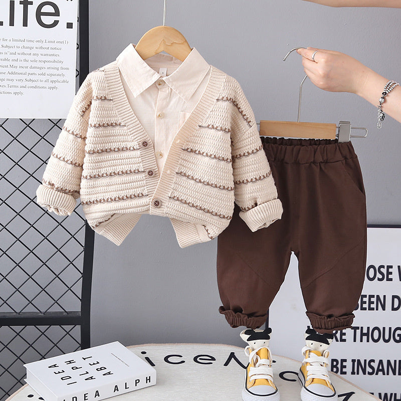 Spring and 2025 New Children's Clothing Baby Wave Sweater Three-Piece Set Boys' Autumn Clothes