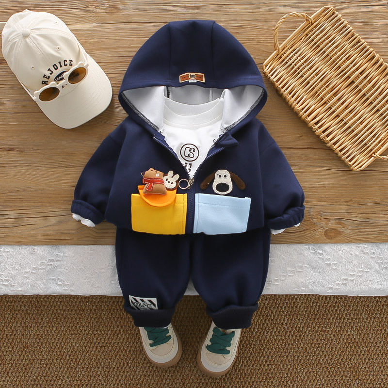New Outfit Boys: Stylish Baby Three-Piece Set with Double Pockets Cartoon Hooded Jacket for Infants Children in Spring and Autumn
