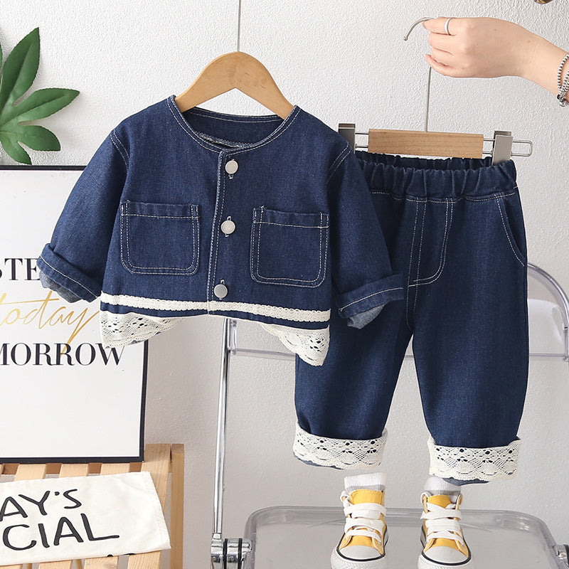 Girls' Outfit for and Autumn 2026 New Style Baby Girl Patchwork Denim Two-Piece Set Children's Korean Fashion Spring Clothes