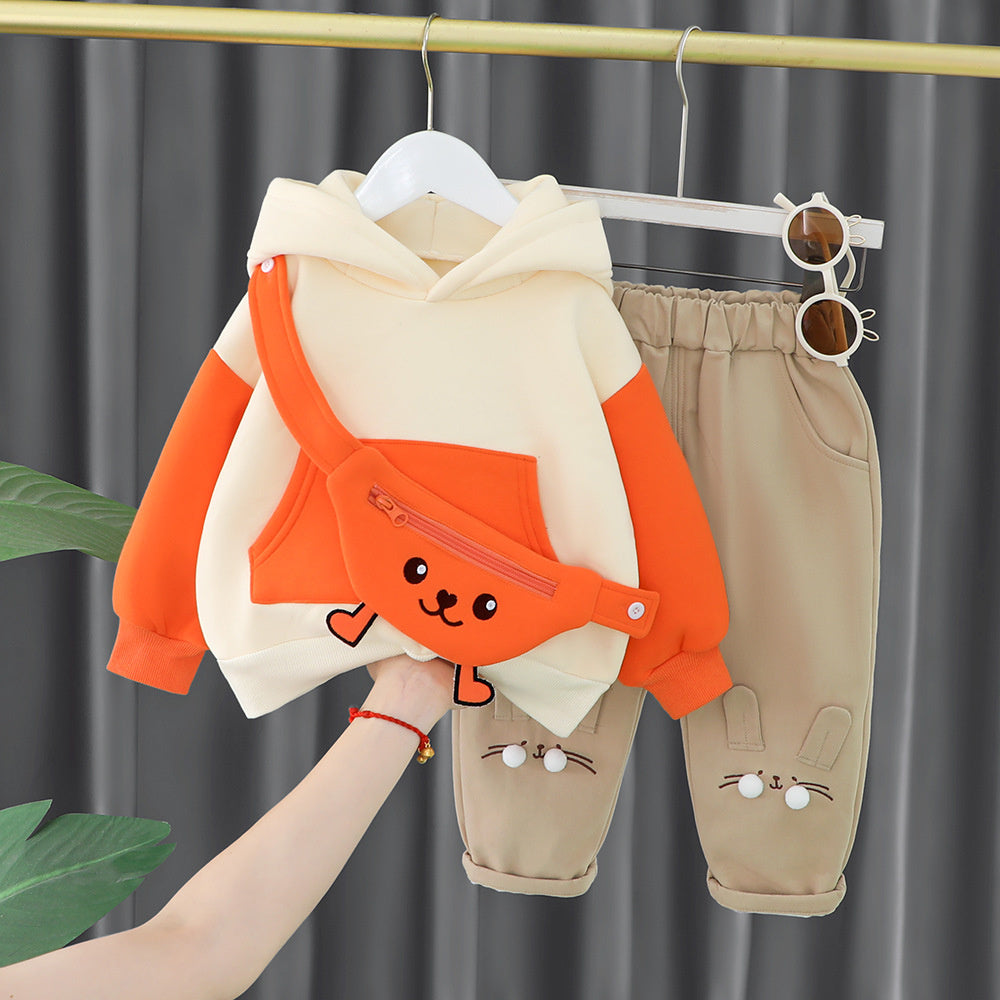 Children's clothing boys and girls, fleece-lined with hood late autumn, cartoon thickened sweatshirt two-piece set for kids