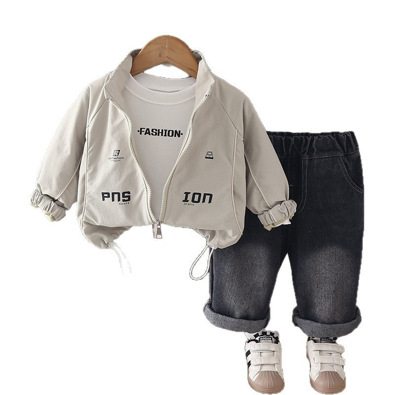 Boys' Autumn Casual Striped Letter Three-Piece Set 2026 New Korean Style Stylish Baby Clothing Outfit Trendy