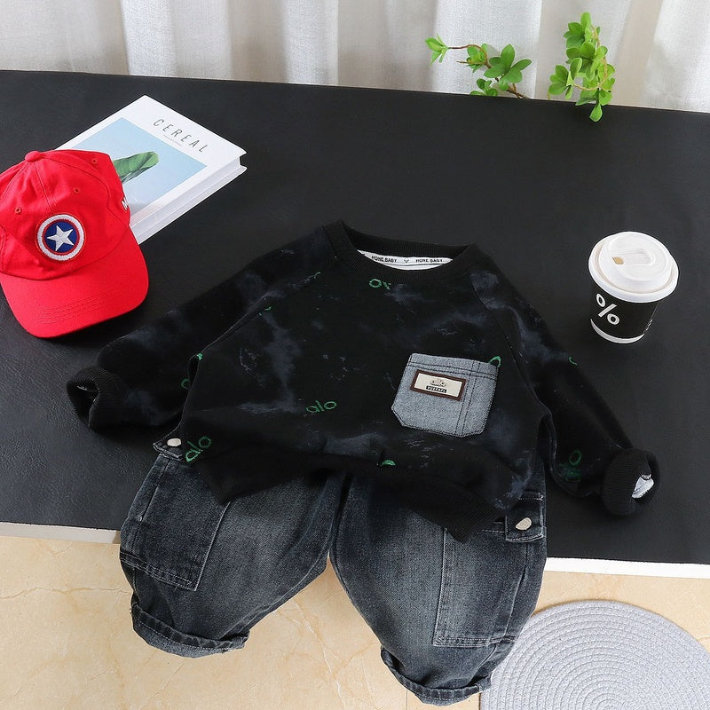 Boys' and Autumn Outfit 2026 New Fashionable Tie-Dye Pocket Two-Piece Set Children, Spring Casual Wear for Babies