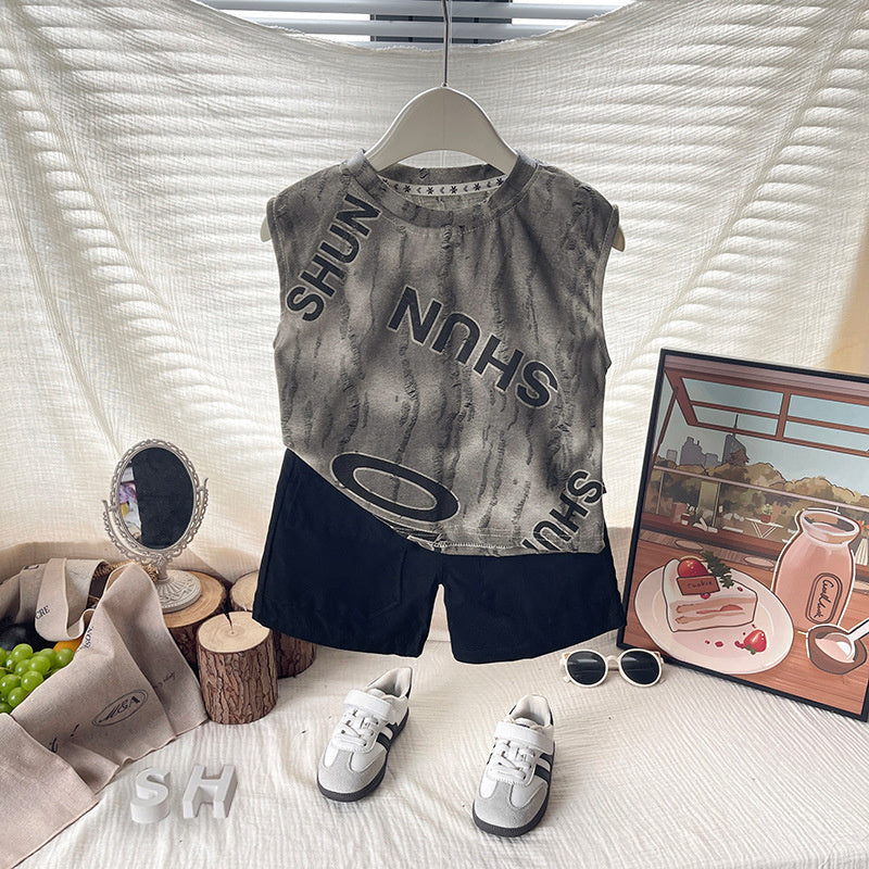 Boys' Outfit Children's New Style Baby Boy Summer Letter Print Sleeveless Two-Piece Set Trendy for 1-4 Years Old