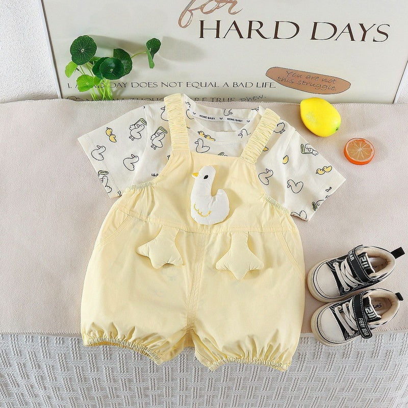 Girls' Summer Outfit, Stylish Children's Short-Sleeve Clothes, 2026 New Fashionable Baby Overalls Two-Piece Set