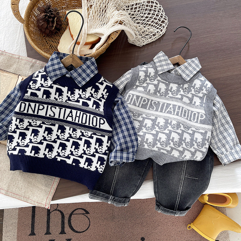 Boys' clothing shirt sweater set, spring autumn style, trendy and cool, stylish long-sleeve three-piece set for 1-5 year old boys