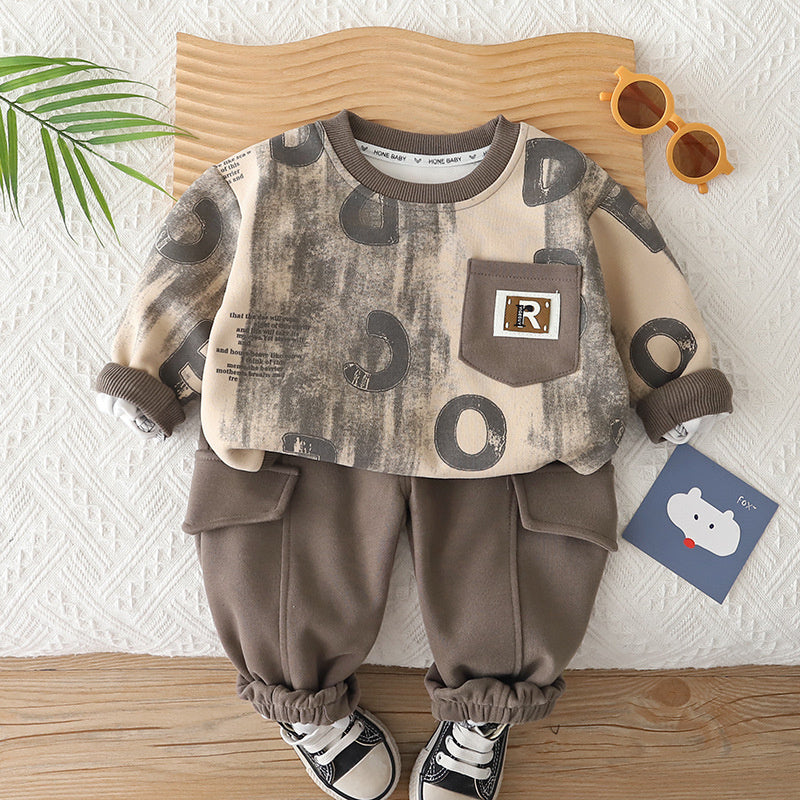Boys' Spring and Autumn 2026 Casual Outfit, New Style for Boys Aged 1-5, Long-Sleeve Full-Print Letter Sweatshirt Two-Piece Set