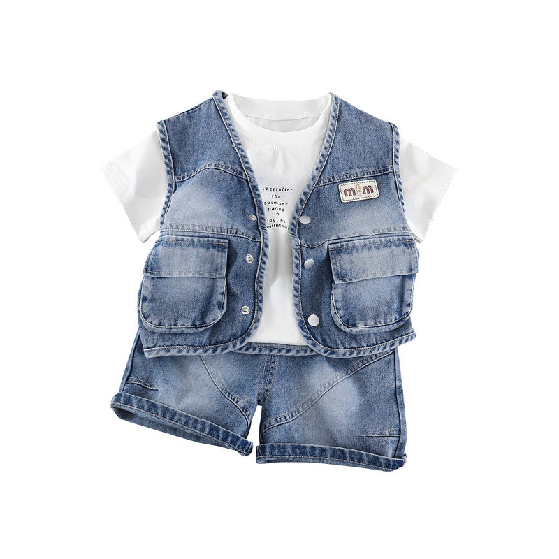 Summer Suit 2026 New Children's Baby Denim Vest Short Sleeve Three-piece Set Korean Style Boys Casual Wear