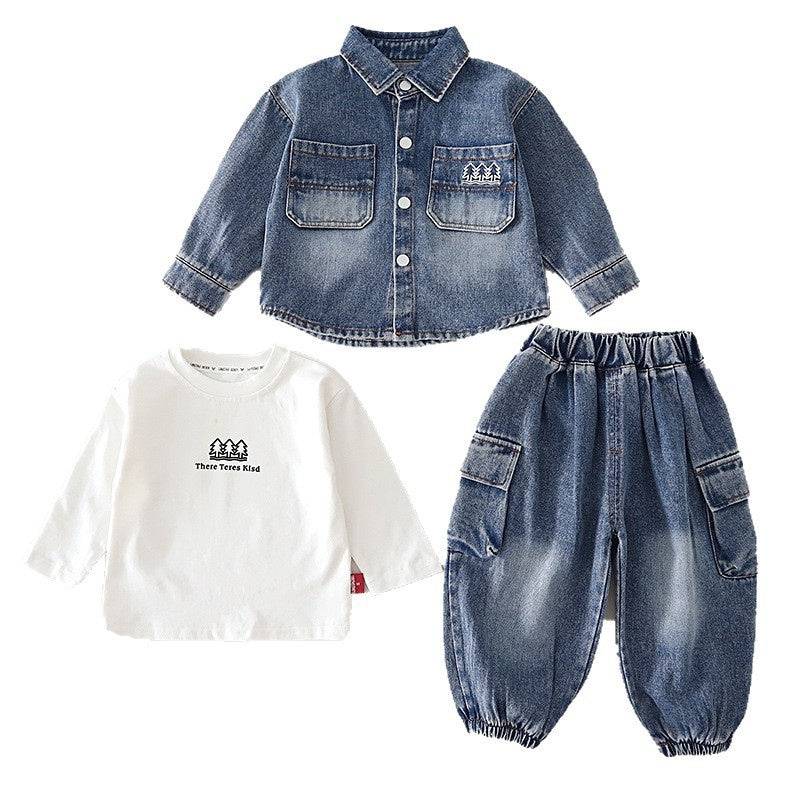 Boys' Outfit 2025 New Style 4: Stylish Children's Little Tree Denim Three-Piece Set Spring and Autumn, Trendy for 1-Year-Old Babies