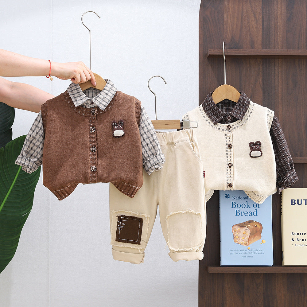 Boys' Spring and Autumn 2025 New Fashionable Children's Stylish Baby 3D Bear Head Cardigan Sweater Three-Piece Set Trendy