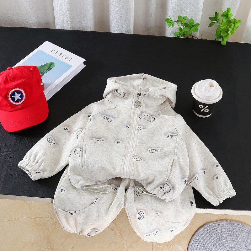 Girls' outfit with all-over cat print, two-piece set, stylish spring clothing for babies and toddlers, trendy Korean-style clothes