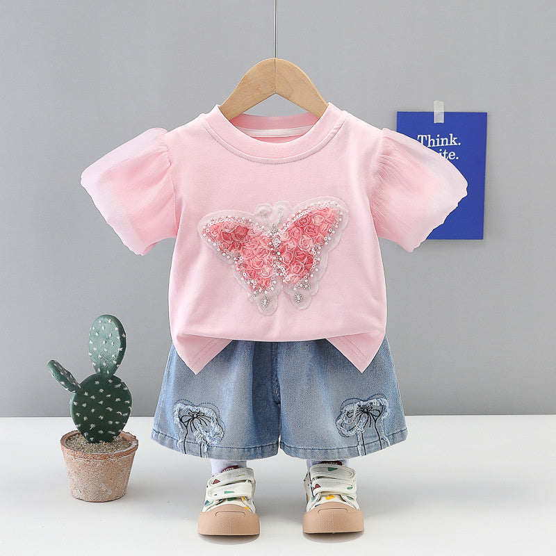 Little girl's summer butterfly short-sleeve outfit, stylish 2026 new baby clothes, fashionable and cute two-piece set for babies