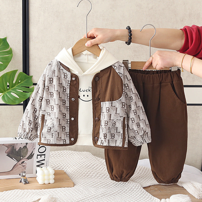 Boys' Spring and Autumn Fashionable Outfit 2026 New Letter Patchwork Cardigan Three-Piece Set Infant Casual Clothes Trendy