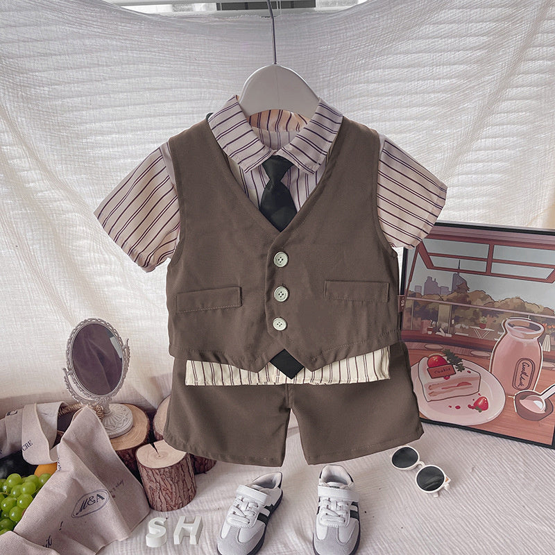 Boys' clothing, children's short-sleeve suit, new style baby boy summer vest suit three-piece set, stylish and trendy for ages 1-4