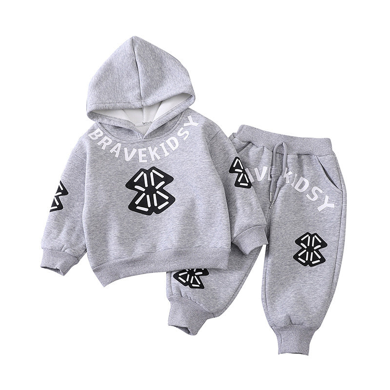 Boys' Suit 2026 New Fleece-Lined Stylish Clothes for Children and Infants, Trendy Letter-Printed Sweatshirt Two-Piece Set