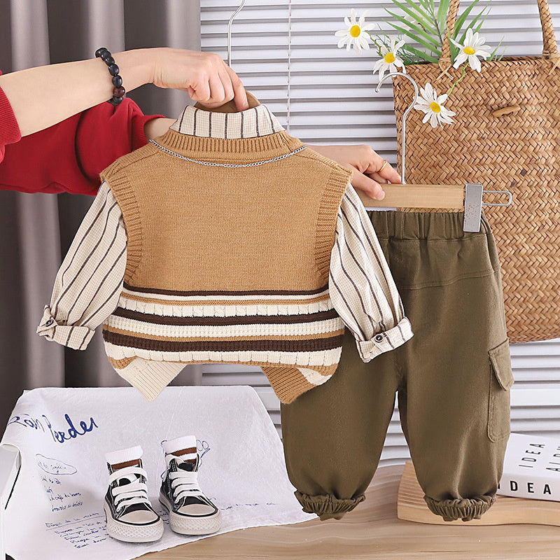 Boys' outfit stylish baby striped color-block sweater three-piece set, infant children's spring and autumn trendy clothing