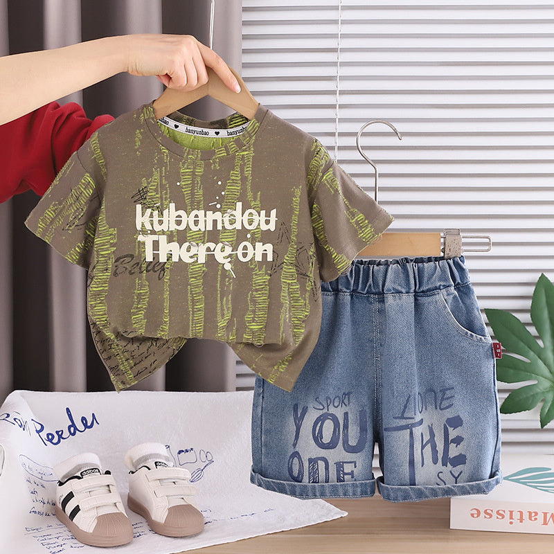 Boys' Short-Sleeve 2026 New Summer Outfit Baby Stylish Korean Version Ripped Letter Print Thin Two-Piece Trendy Set