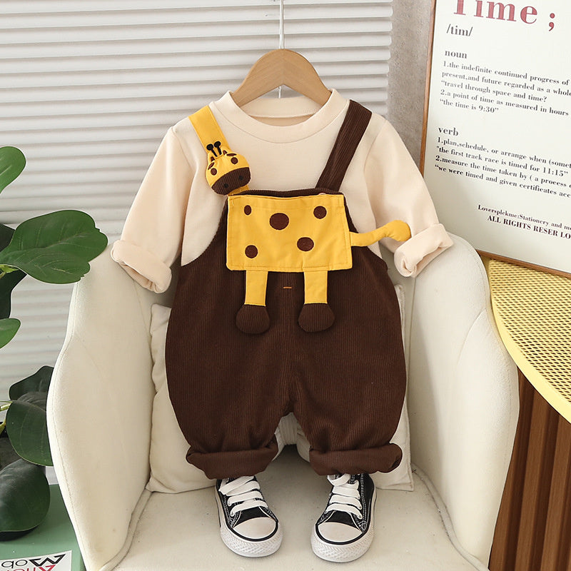 Boys' Spring and Autumn Outfit 2025 New Stylish Children's for Boys Aged 1 to 3 with Giraffe Strap Two-Piece Set