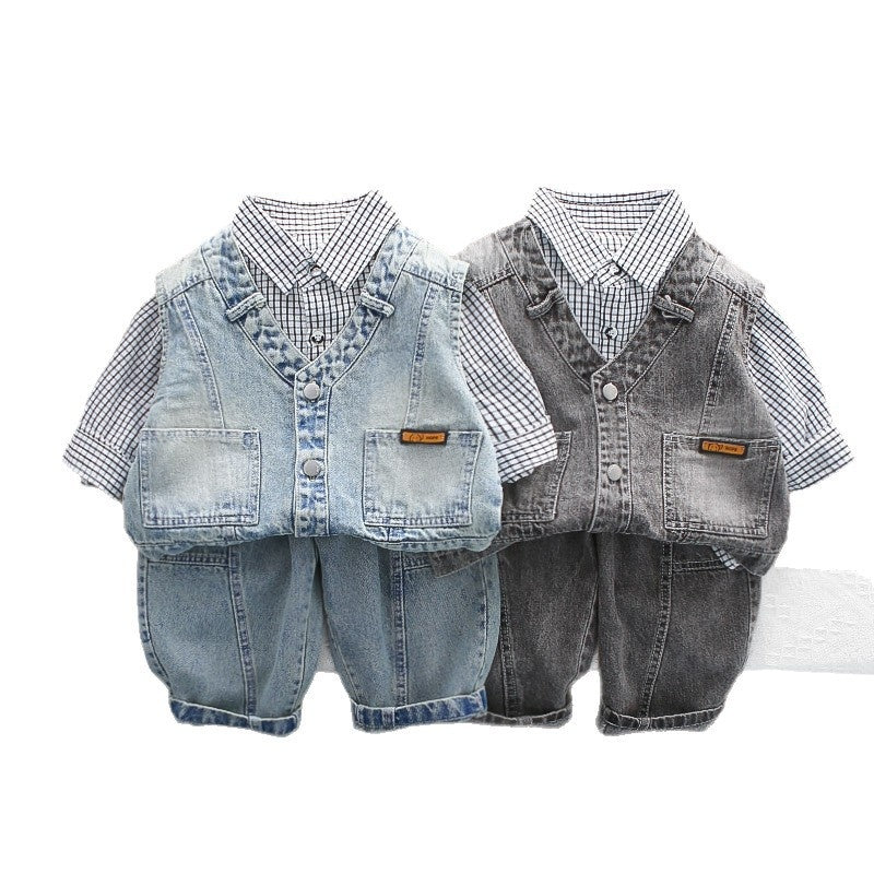Boys' Outfit 2026 New Set: 4-Plaid Shirt, Denim Vest, Three-Piece Set Spring and Autumn, Stylish for 1-Year-Old Baby