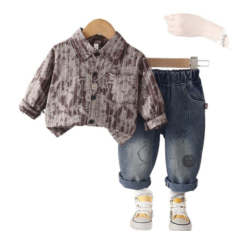 Boys' Suit 2026 New Spring and Autumn Style Children's Fashionable Striped Shirt Baby Casual Two-Piece Set Trendy Wholesale