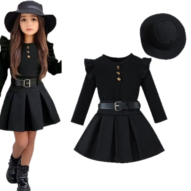 2025 European American Cross-Border Autumn New Girls' Solid Color Flutter Sleeve Top + Pleated Skirt with Belt and Hat Four-Piece Set