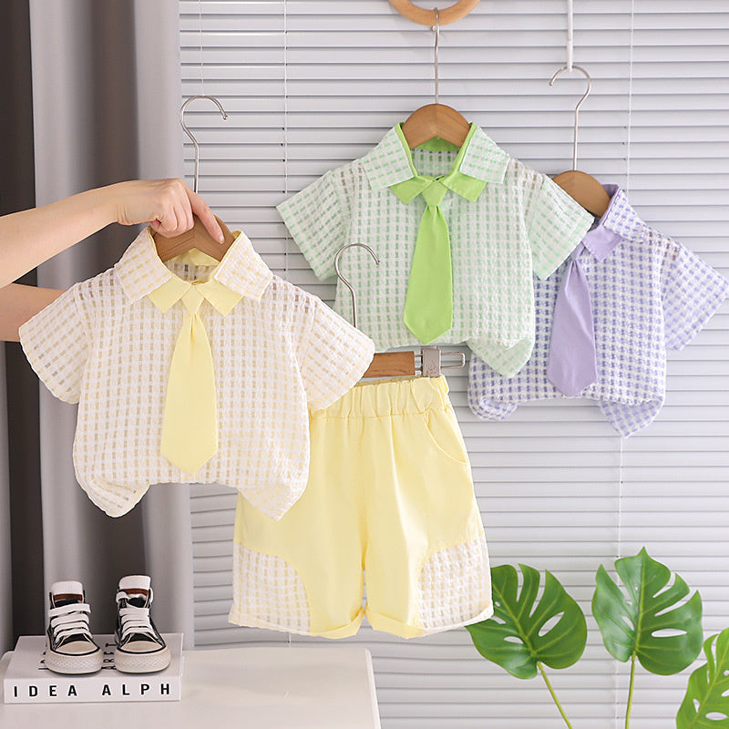 Boys' Outfit 2026 New Fashionable Children's Small Checkered Short-Sleeve Baby Summer Korean Style Two-Piece Set Trendy