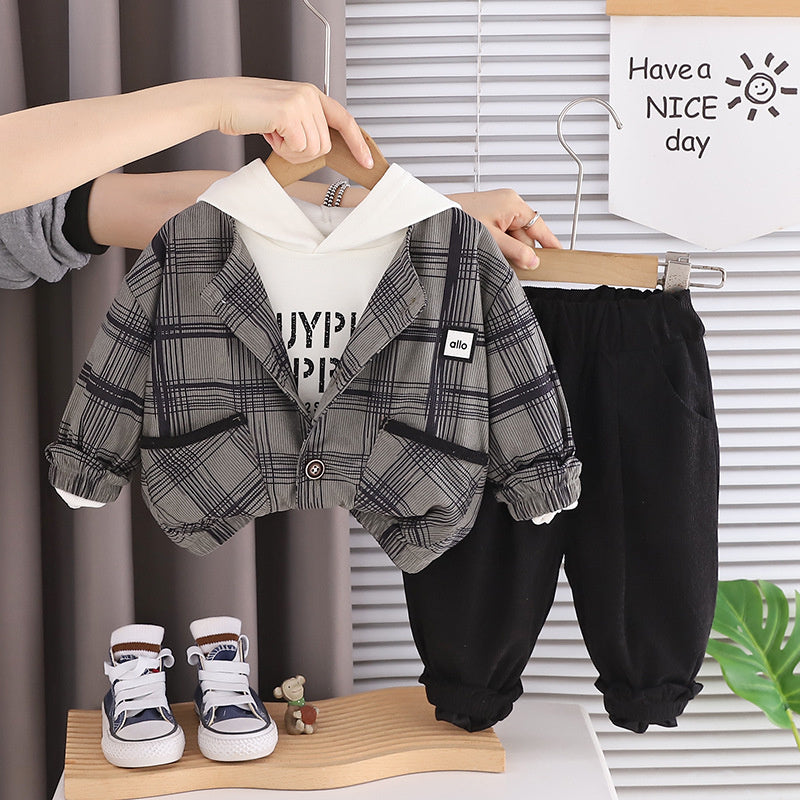 Boys' Suit 2026 New Style Children's Fashionable Clothing Baby Spring and Autumn Hooded Plaid Three-Piece Set Trendy