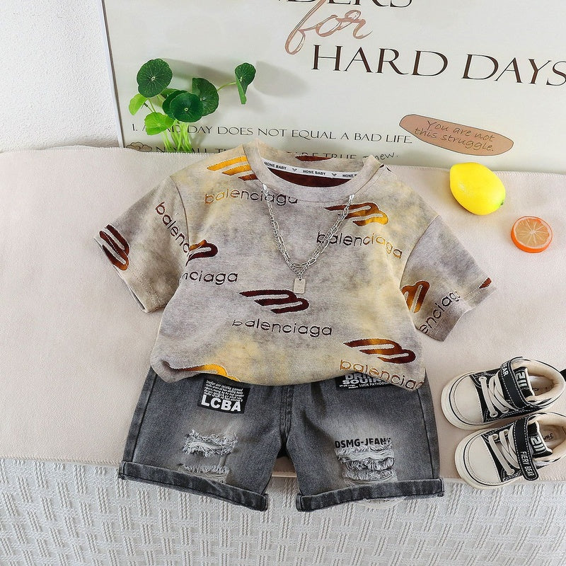 Children's Clothing Boys' 2026 Summer Chain Letter Short Sleeve Stylish Denim Shorts Baby Two-Piece Set Trendy